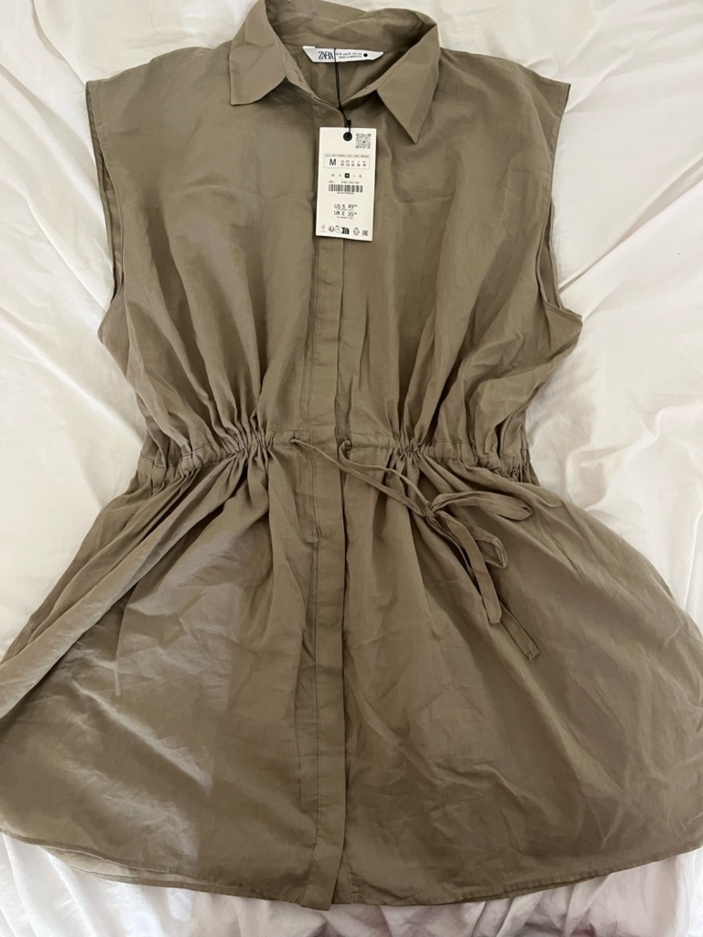Zara Sleeveless Drawstring Shirt Dress in Khaki